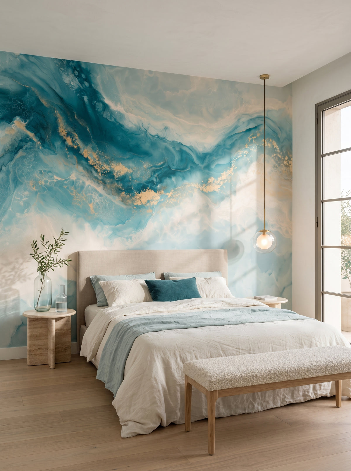 NOON SHALLOWS im Schlafzimmer-Interieur: türkisfarbener Fluss mit Gold über einem Bett mit niedrigem sandfarbenem Kopfteil