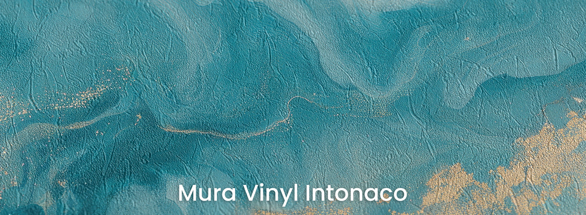 NOON SHALLOWS auf Trägermaterial Mura Vinyl Intonaco: fließendes Türkis mit Gold auf Reibeputz-Struktur