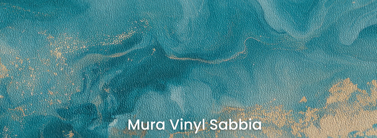 NOON SHALLOWS auf Trägermaterial Mura Vinyl Sabbia: türkisfarbene Schlieren und Gold auf grober Sandkörnung