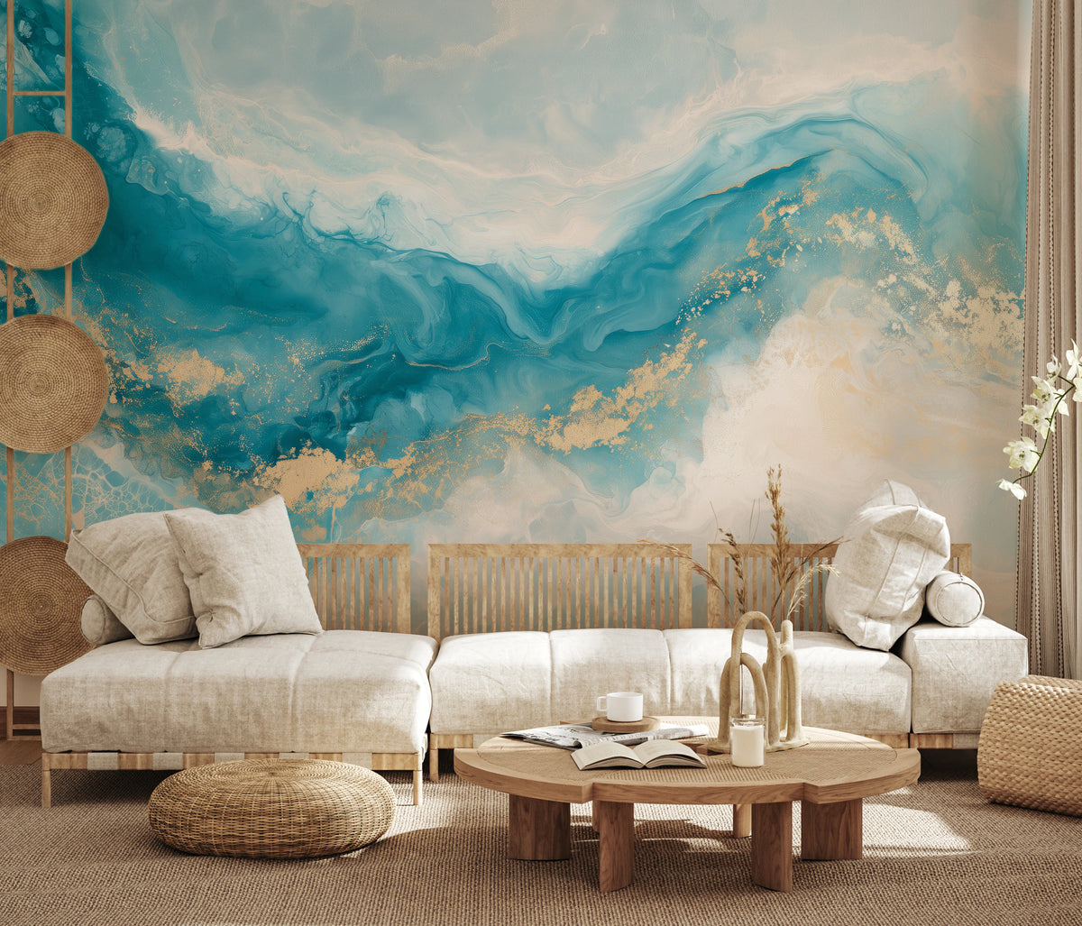 NOON SHALLOWS an der ganzen Wand eines Wohnzimmers: türkisfarbener Bogen mit Gold über langem Sofa und rundem Tisch