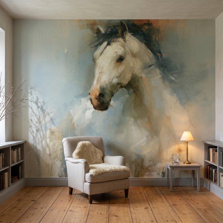 NORTH WIND en una ambientación de biblioteca: cabeza de caballo blanco sobre un sillón de lino con piel de oveja y una pequeña lámpara de latón