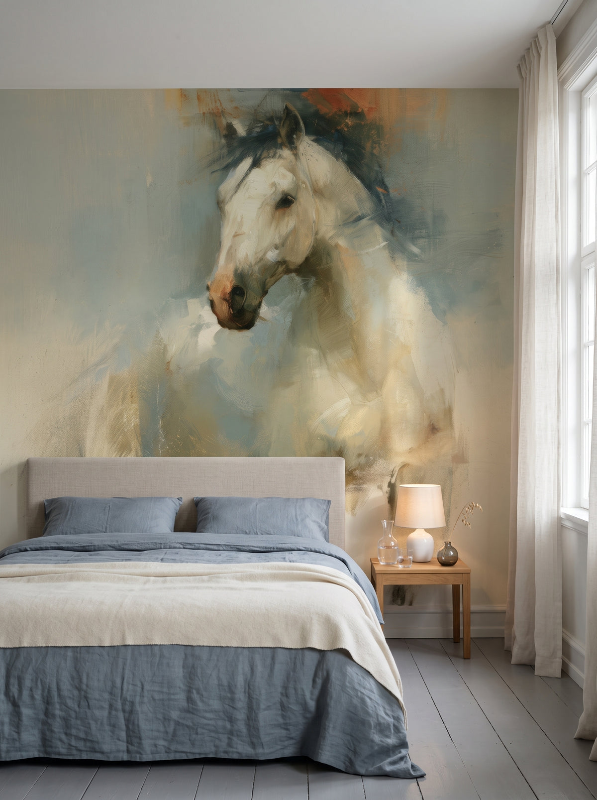 NORTH WIND en una ambientación de dormitorio: caballo blanco de crin azul marino sobre una cama con cabecero de lino y ropa de cama gris azulada