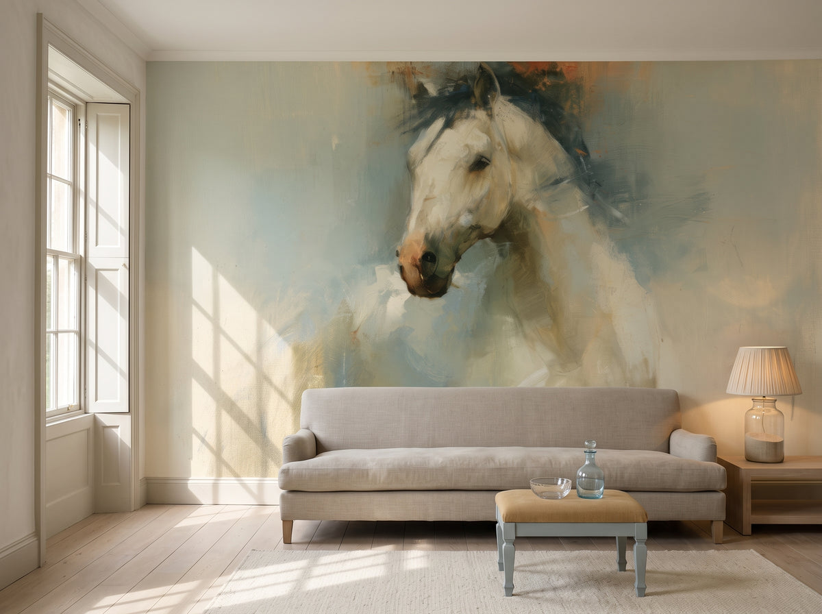 NORTH WIND en una ambientación de salón: pared completa tras un sofá bajo de lino, un reposapiés y una lámpara de cristal en una mesa auxiliar