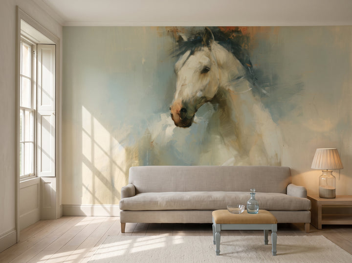 NORTH WIND en una ambientación de salón: pared completa tras un sofá bajo de lino, un reposapiés y una lámpara de cristal en una mesa auxiliar