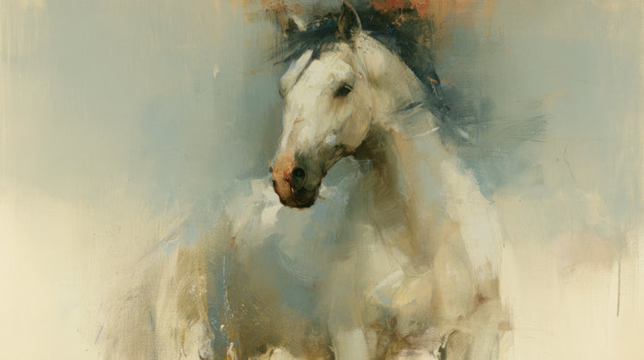 NORTH WIND, diseño completo: retrato de un caballo blanco de crin azul marino sobre fondo gris azulado que pasa a crema