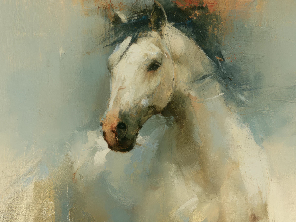 NORTH WIND de cerca: cabeza del caballo blanco con ollares rosados, crin azul marino y anchas pinceladas sobre fondo azul claro