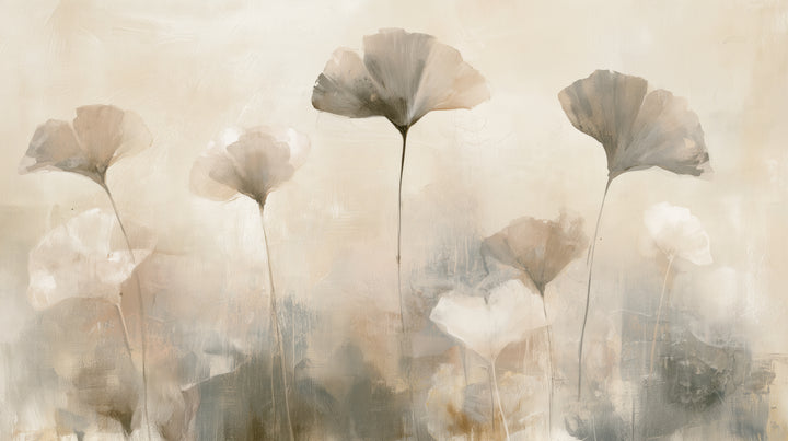 NOVEMBER FOG – il motivo intero: otto foglie di ginkgo su steli alti sopra la nebbia grigio-azzurra vicino al bordo inferiore