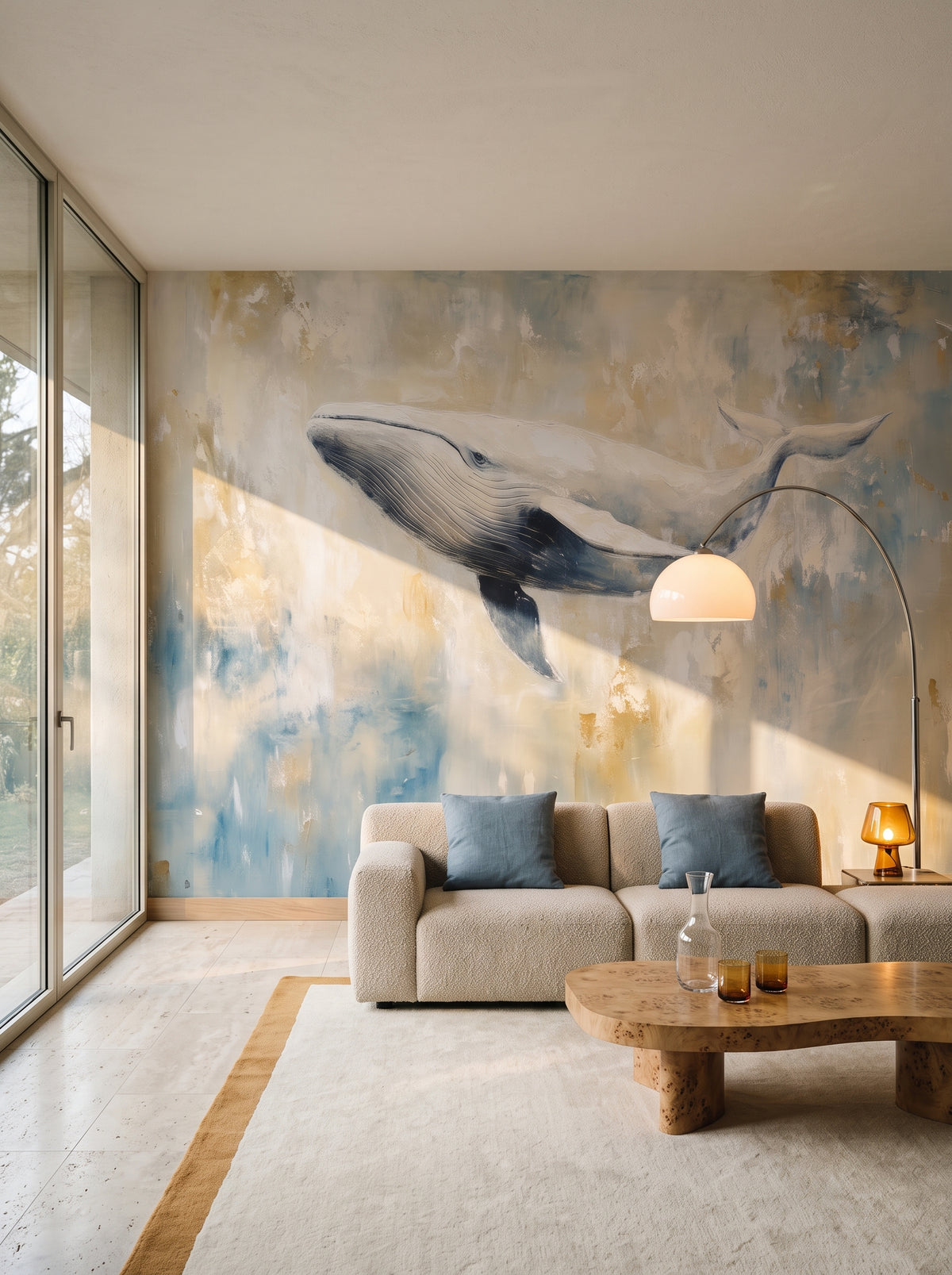 OCHRE PASSAGE in der Raumgestaltung eines Wohnzimmers: weißer Wal auf creme- und ockerfarbenem Grund über niedrigem Sofa, daneben Bogenlampe