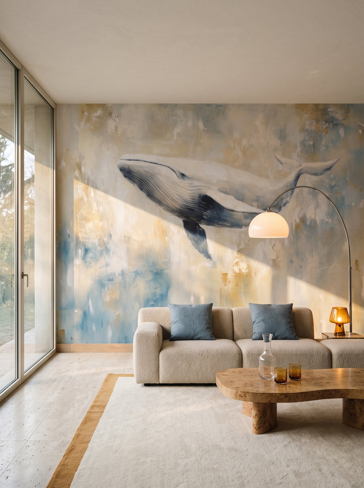 OCHRE PASSAGE in der Raumgestaltung eines Wohnzimmers: weißer Wal auf creme- und ockerfarbenem Grund über niedrigem Sofa, daneben Bogenlampe