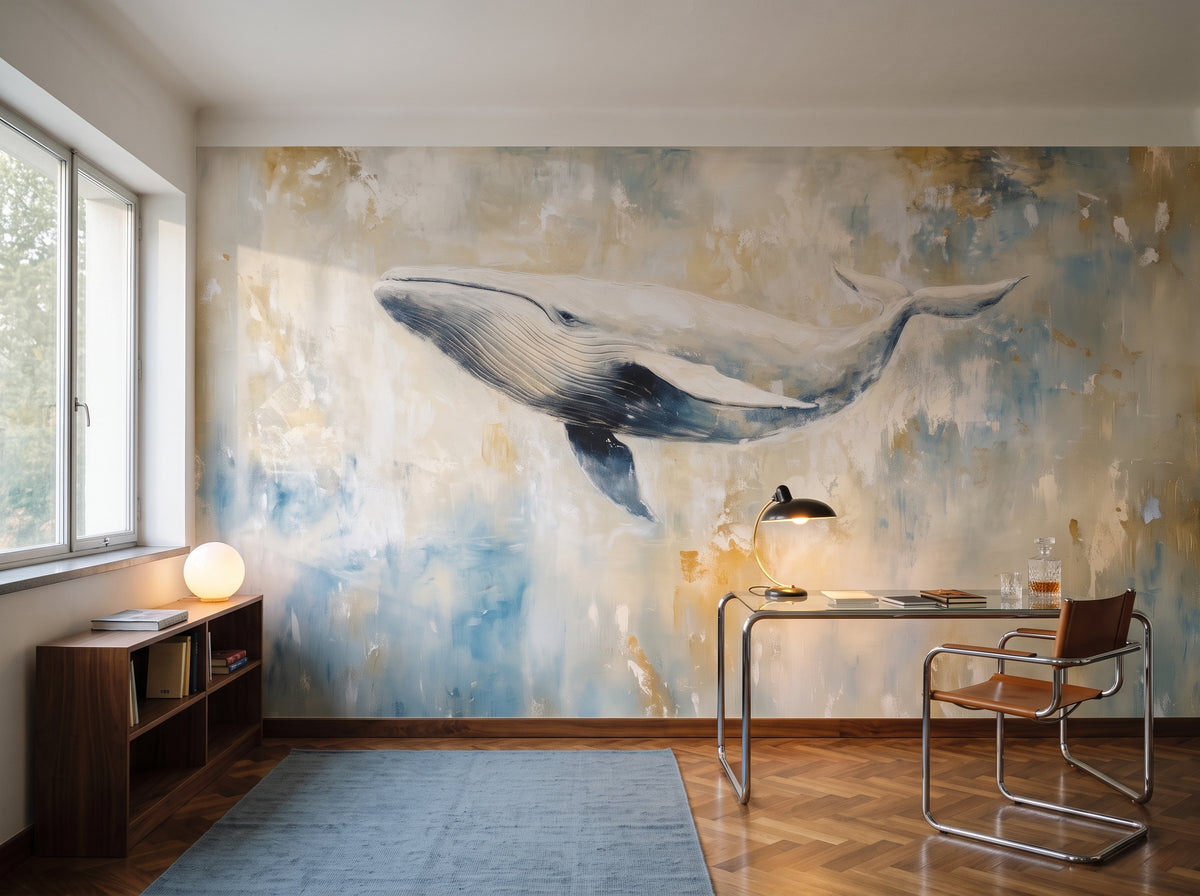 OCHRE PASSAGE in der Raumgestaltung eines Arbeitszimmers: ganze Wand mit Wal hinter Schreibtisch mit Glasplatte und niedrigem Regal