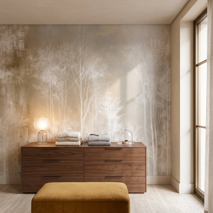 OCHRE SPINNEY dans une mise en scène de dressing de penthouse, devant le mur une commode basse avec lampe et un pouf en velours ocre