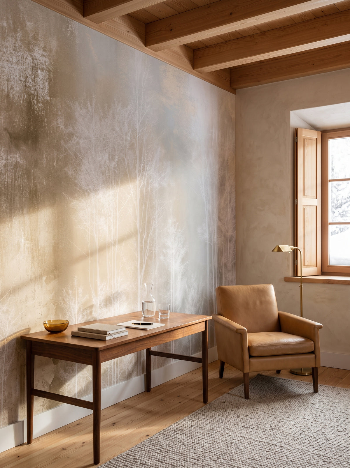 OCHRE SPINNEY dans une mise en scène de bureau de chalet, devant le mur une table en noyer aux pieds fins et un fauteuil caramel