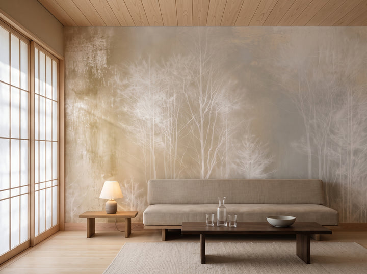 OCHRE SPINNEY dans une mise en scène de salon japandi, devant le mur un canapé bas en lin et une table basse en orme
