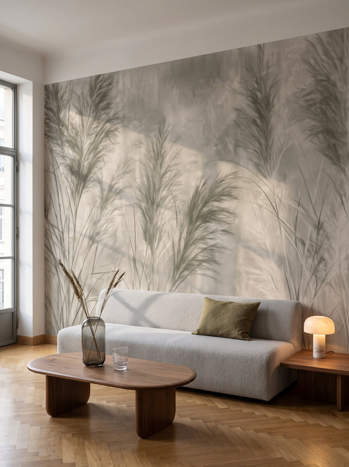 OLIVE FEN w aranżacji salonu w wiedeńskim apartamencie z lat 30., przed ścianą niska sofa i orzechowy stolik