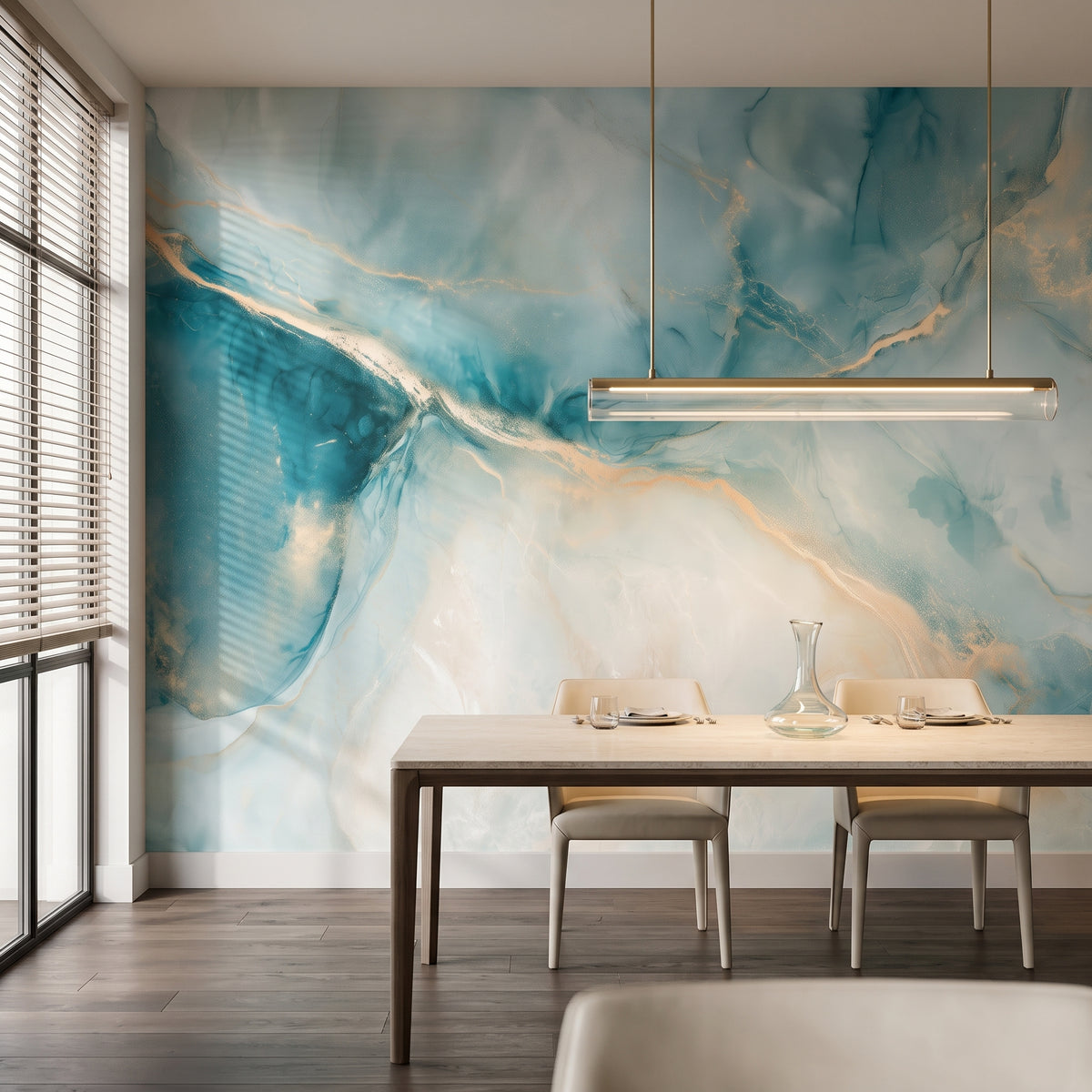 ONYX ESTUARY, mise en scène d’une salle à manger : tache turquoise et veine dorée au-dessus d’une table au plateau de pierre et de chaises crème