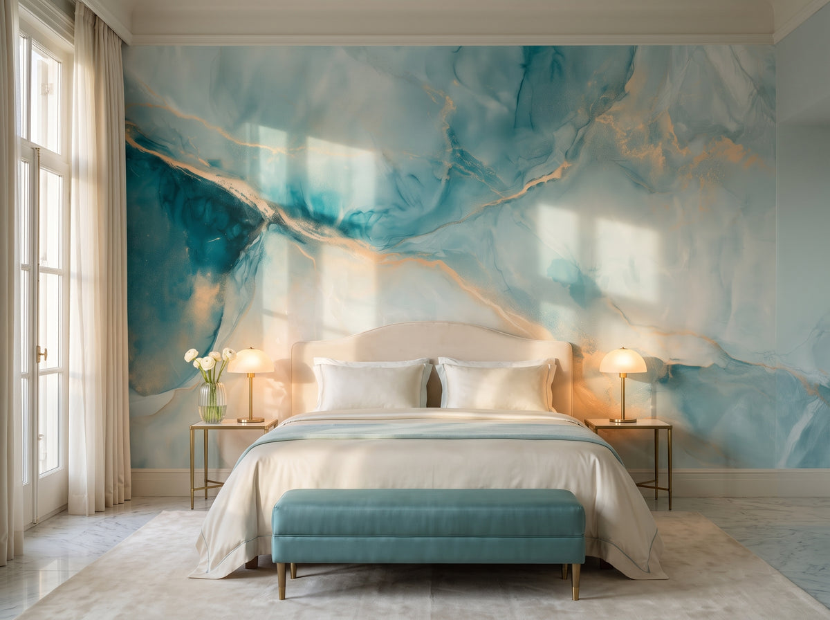 ONYX ESTUARY, mise en scène d’une suite d’hôtel : tout le mur derrière un lit à tête de lit crème en arc et un banc au pied du lit