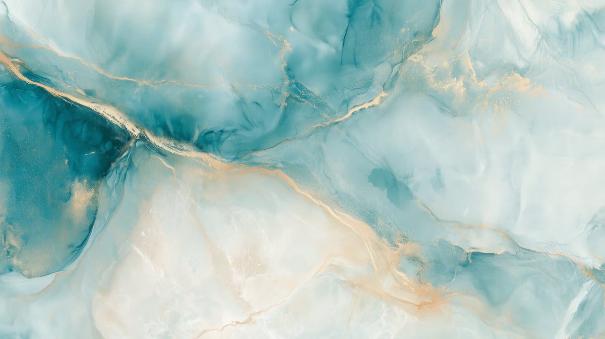 Aperçu du motif : ONYX ESTUARY – motif complet : turquoise profond près du bord gauche, veine or clair en diagonale et zone crème en bas