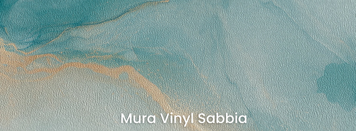 ONYX ESTUARY sur le support Mura Vinyl Sabbia : veine dorée et turquoise sur un gros grain de sable marqué