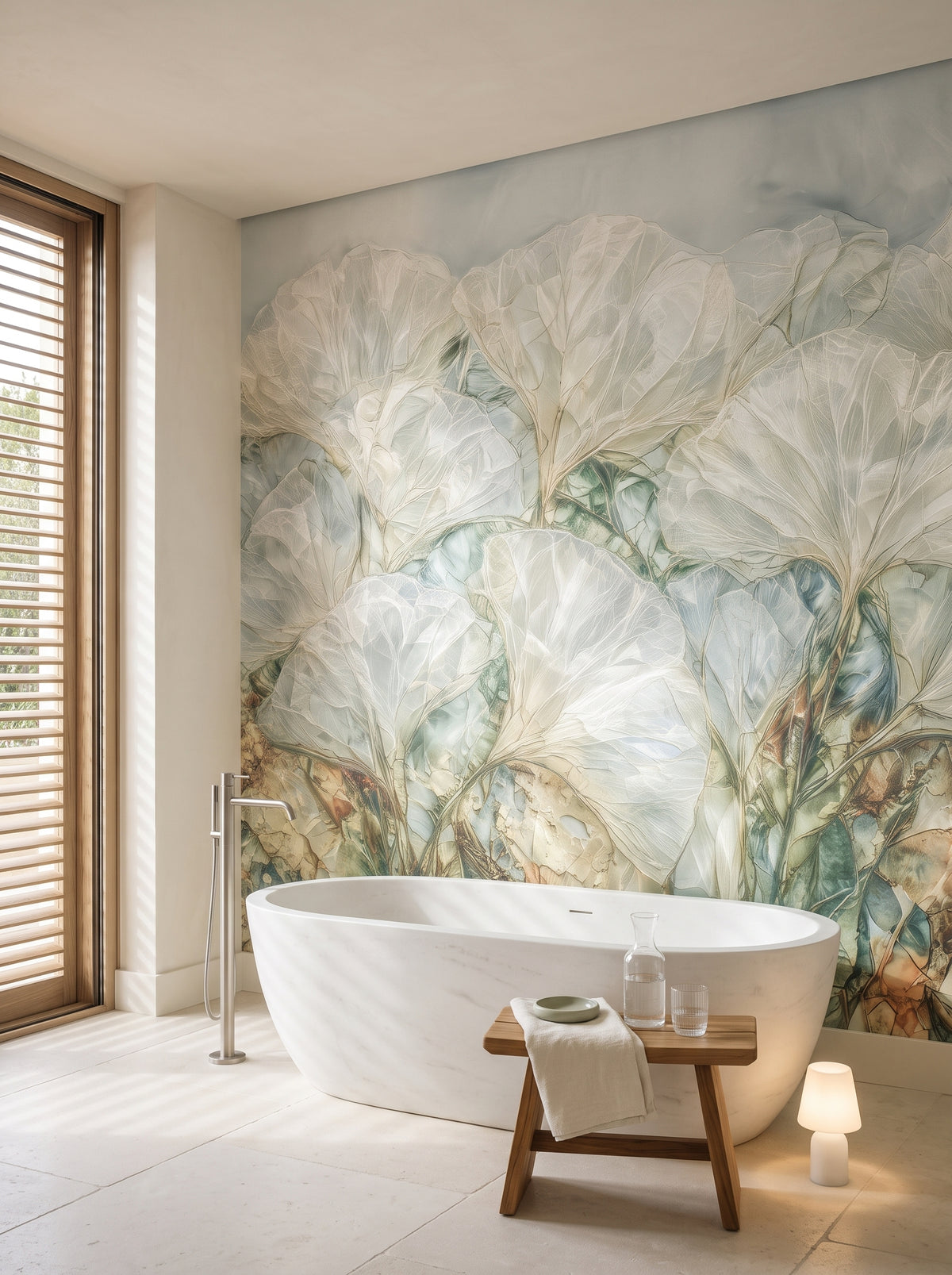 OPAL PANE als Raumgestaltung eines Badezimmers in einer Villa an der Côte d'Azur, davor eine freistehende Steinwanne und ein Teakhocker