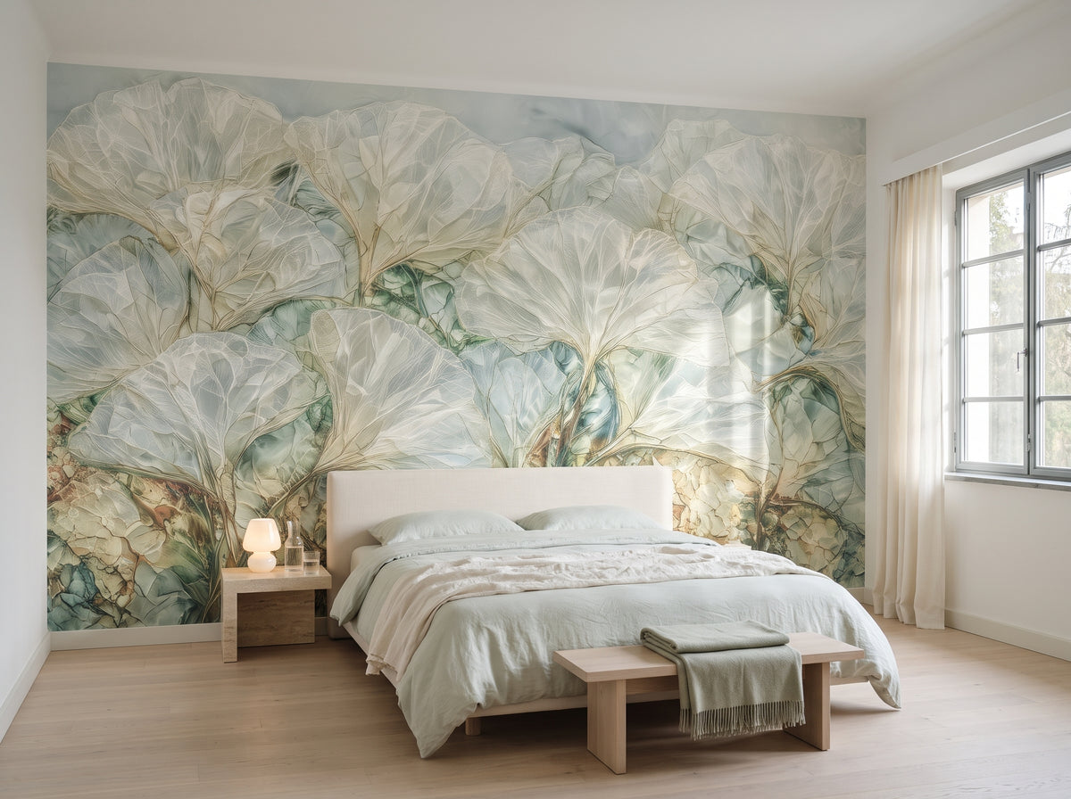OPAL PANE als Raumgestaltung eines Schlafzimmers in einer funktionalistischen Villa in Brünn, davor ein niedriges Bett mit Leinenkopfteil