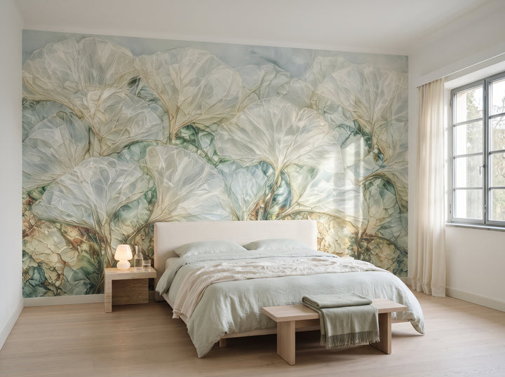 OPAL PANE in a bedroom setting in a functionalist villa in Brno, with a low bed with a linen headboard in front of the wall