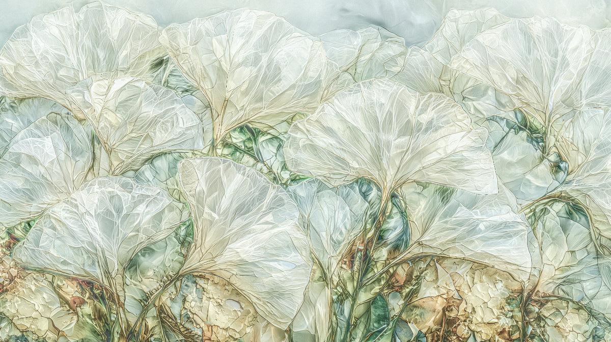 OPAL PANE – das ganze Motiv: weiße Ginkgoblätter wie Glasscheiben, durch die Blau und Seladongrün schimmern