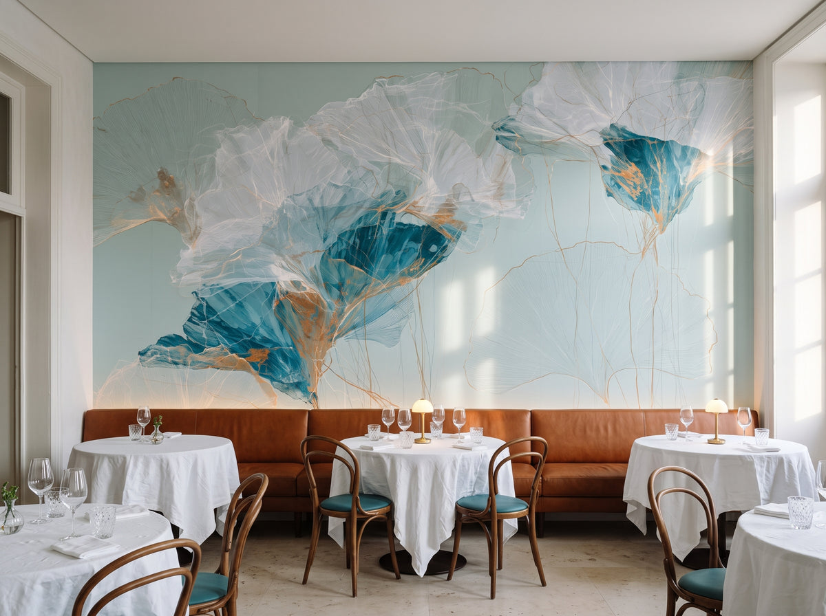 ORGANZA w aranżacji restauracji rybnej w kamienicy w Porto, przed ścianą koniakowa kanapa i stoliki z obrusami