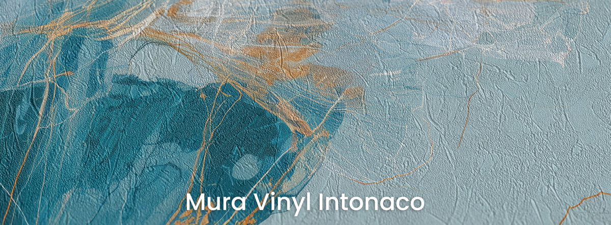 ORGANZA na podłożu Mura Vinyl Intonaco – tynkowa faktura w błękitnym tle i miedzianych żyłkach