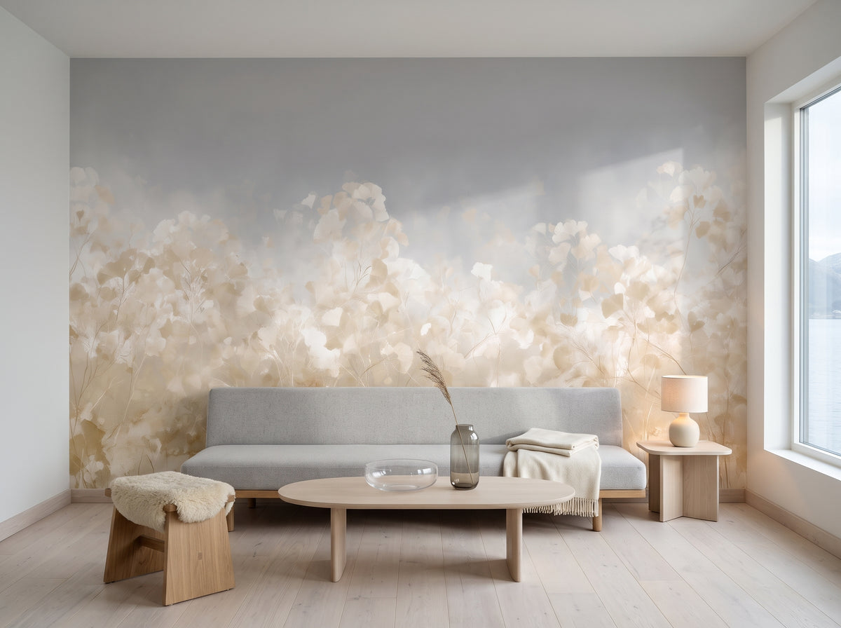 OVERCAST – mise en scène : salon d'une maison en bois au bord d'un fjord norvégien, devant le mur un long canapé gris