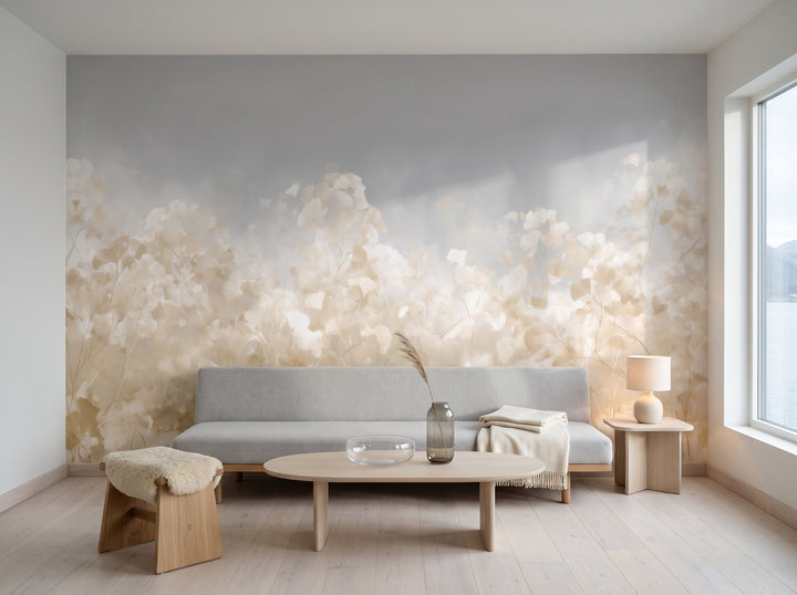 OVERCAST als Raumgestaltung eines Wohnzimmers in einem Holzhaus am norwegischen Fjord, davor ein langes graues Sofa