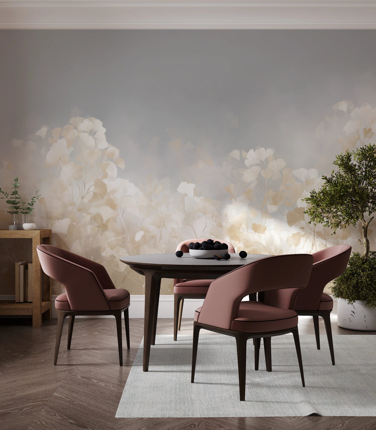 OVERCAST sur tout le mur d'une salle à manger – l'horizon gris et le banc de feuilles au-dessus d'une table ronde sombre