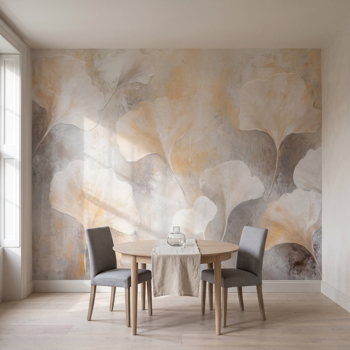 OYSTER FLURRY in a dining room setting in a Dublin townhouse, with a round oak table and grey chairs in front of the wall