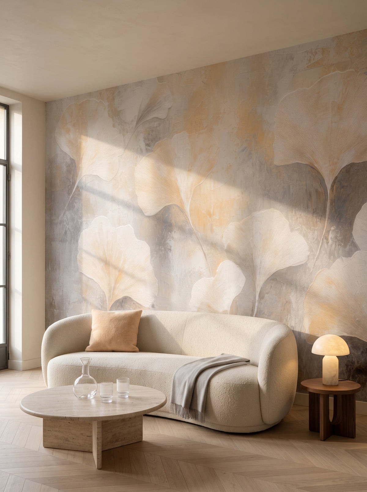OYSTER FLURRY in a living room setting in a Brussels apartment, with a rounded cream sofa and an alabaster lamp in front of the wall