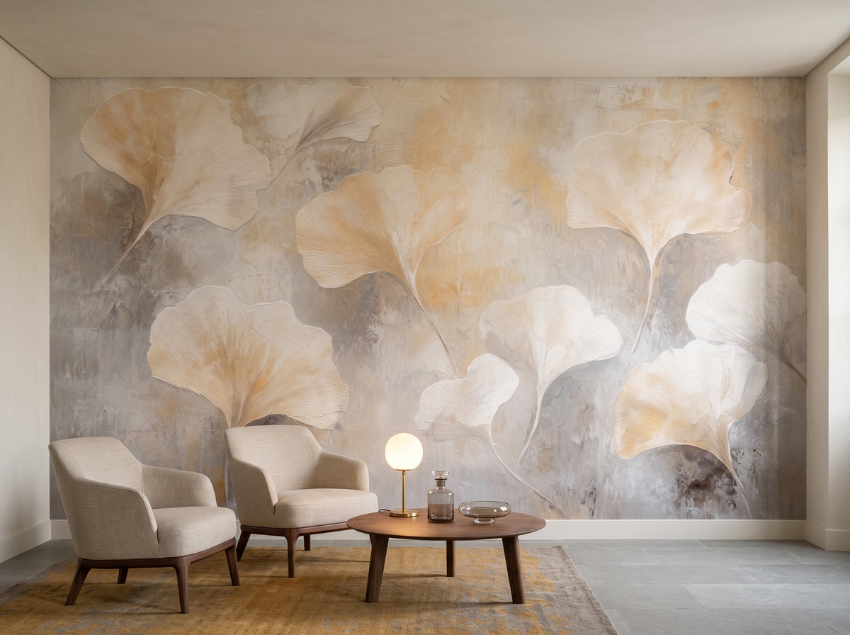 OYSTER FLURRY in a hotel lounge setting in a Florentine palazzo, with two linen armchairs and a walnut table in front of the wall