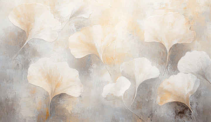 OYSTER FLURRY – il motivo intero: nove foglie di ginkgo color crema sparse su uno sfondo grigio e ocra dall'aspetto consunto