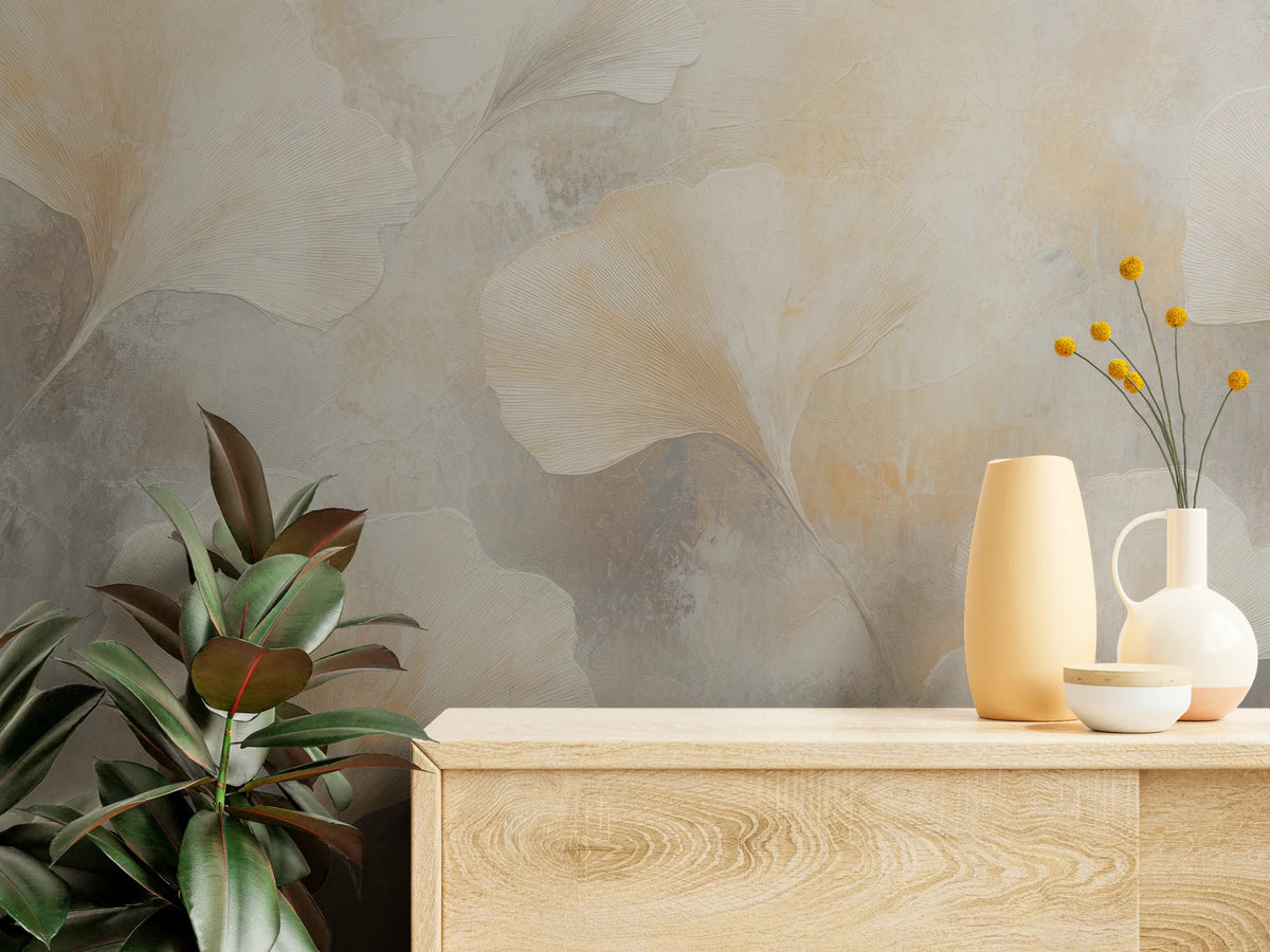 OYSTER FLURRY close up – finely drawn veins on cream leaves above a pale oak chest of drawers with vases