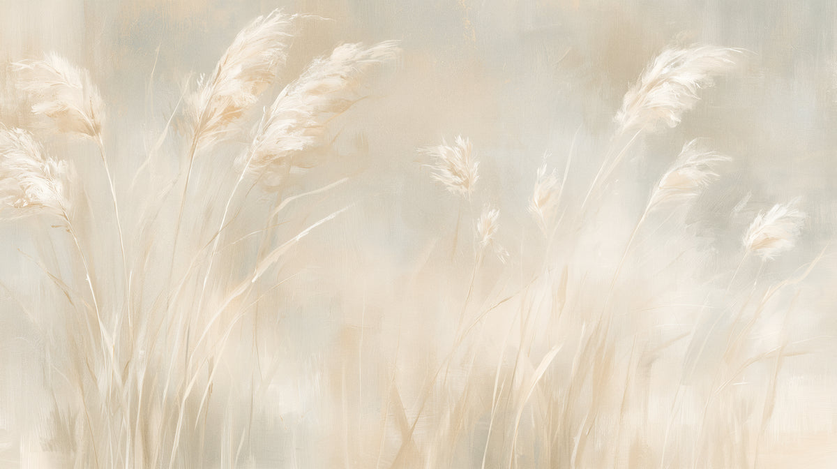 Aperçu du motif : PAINTED PAMPAS – motif entier : plumeaux crème d'herbe de la pampa inclinés par le vent sur fond beige et gris