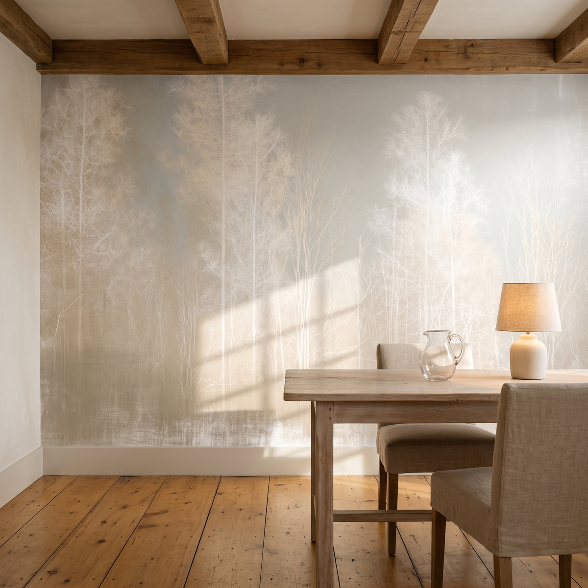 PALE TAPERS en mise en scène dans le coin repas d'une cuisine de maison de campagne, devant le mur une table en chêne et des chaises en lin
