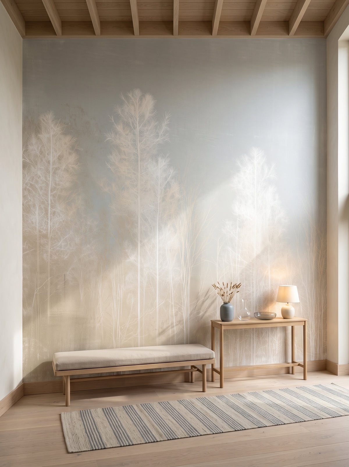 PALE TAPERS en mise en scène dans l'entrée d'une maison en bois en Forêt-Noire, devant le mur un banc bas en chêne et une console