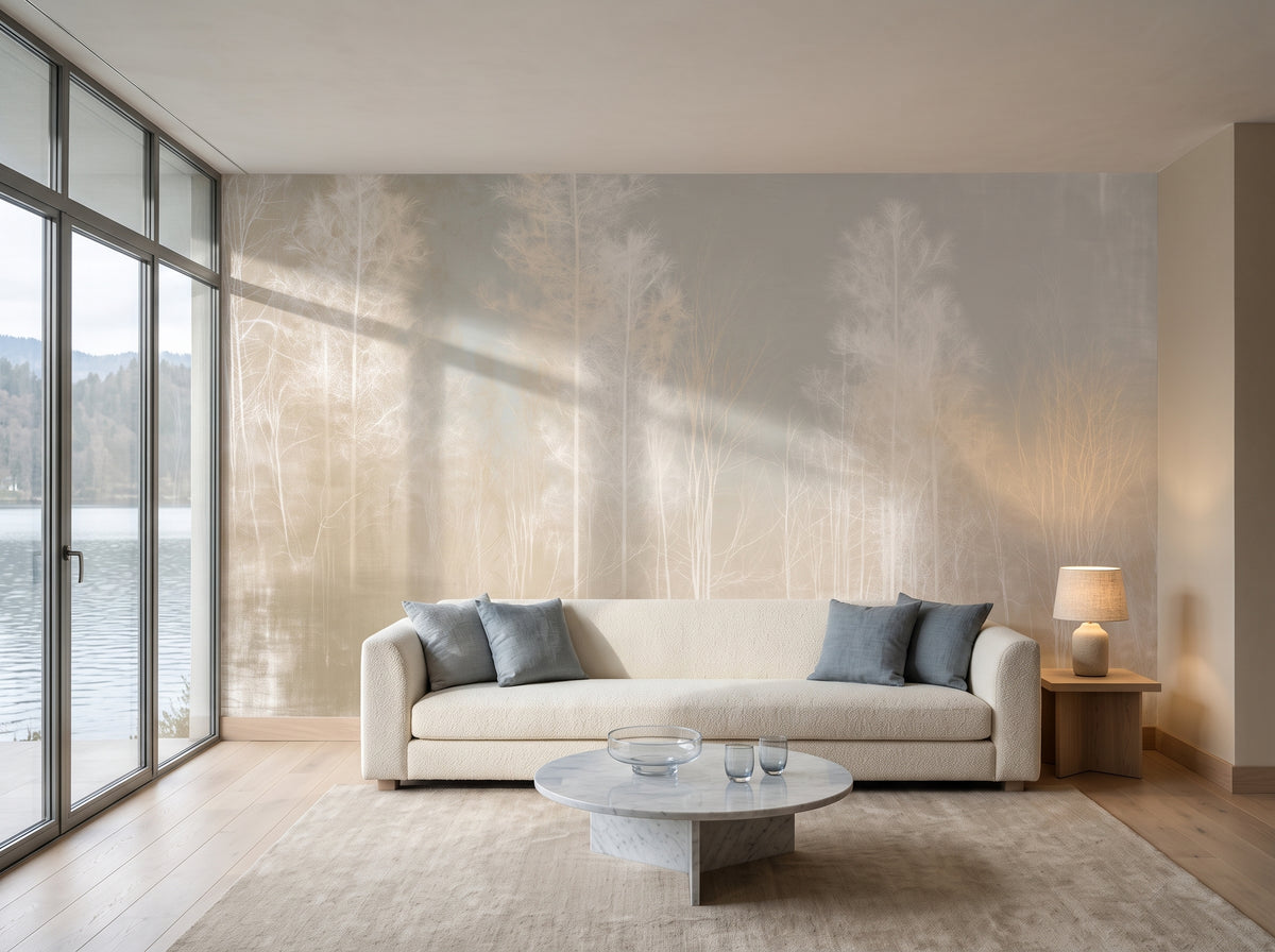 PALE TAPERS en mise en scène dans le salon d'une maison moderniste au bord du lac de Bled, devant le mur un canapé bas et une table ronde