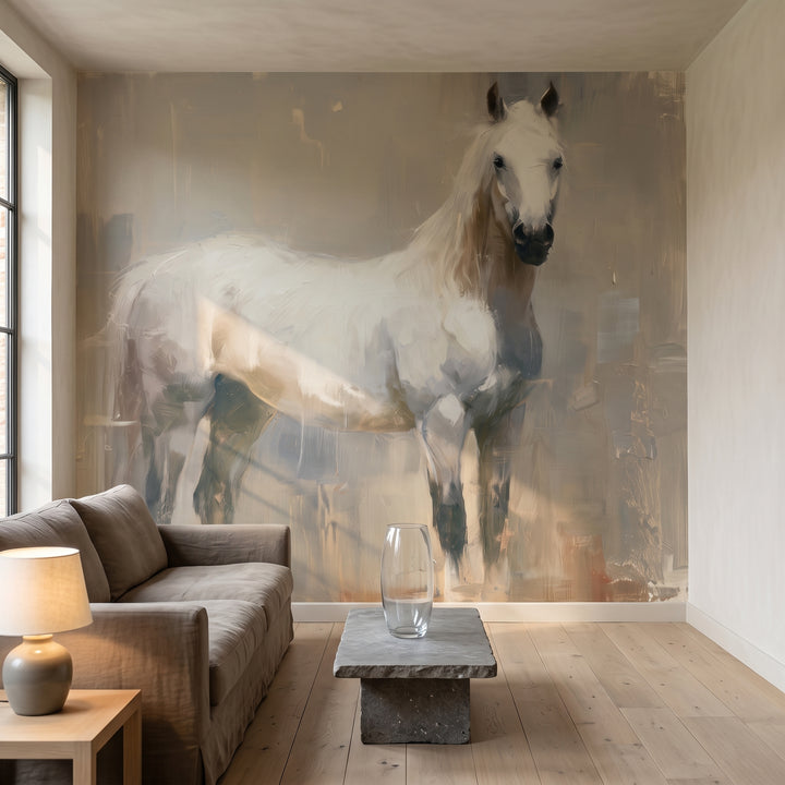 PALE VIGIL en la ambientación de un salón: caballo blanco junto a un sofá bajo de lino gris beige y una mesa de piedra