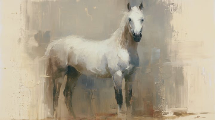 PALE VIGIL – motivo completo: caballo blanco de lado que mira al espectador, fondo gris beige con margen crema a los lados