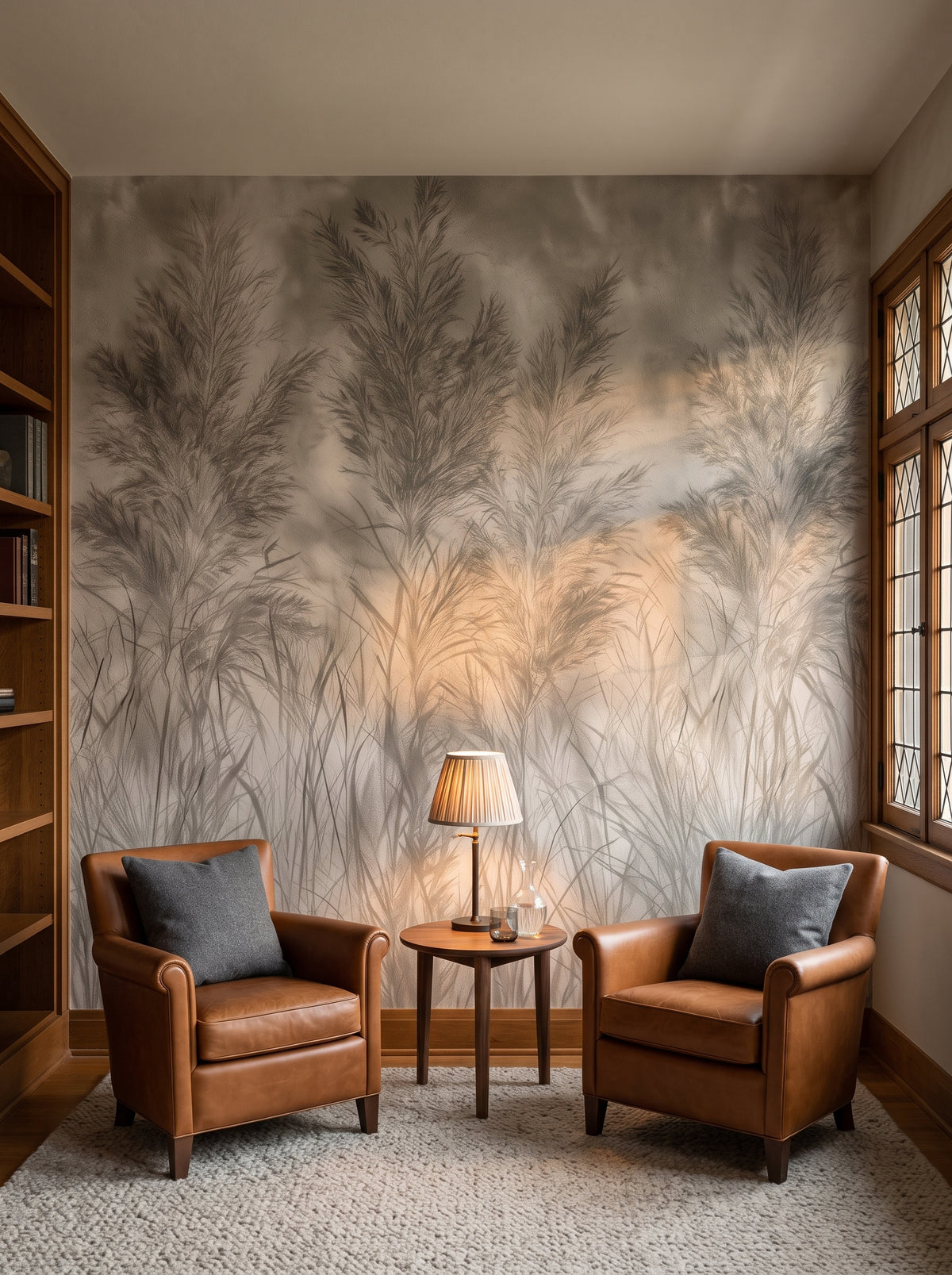 PALISADE als Raumgestaltung einer Bibliothek im Prairie-School-Stil, vor der Wand zwei Ledersessel und ein runder Beistelltisch