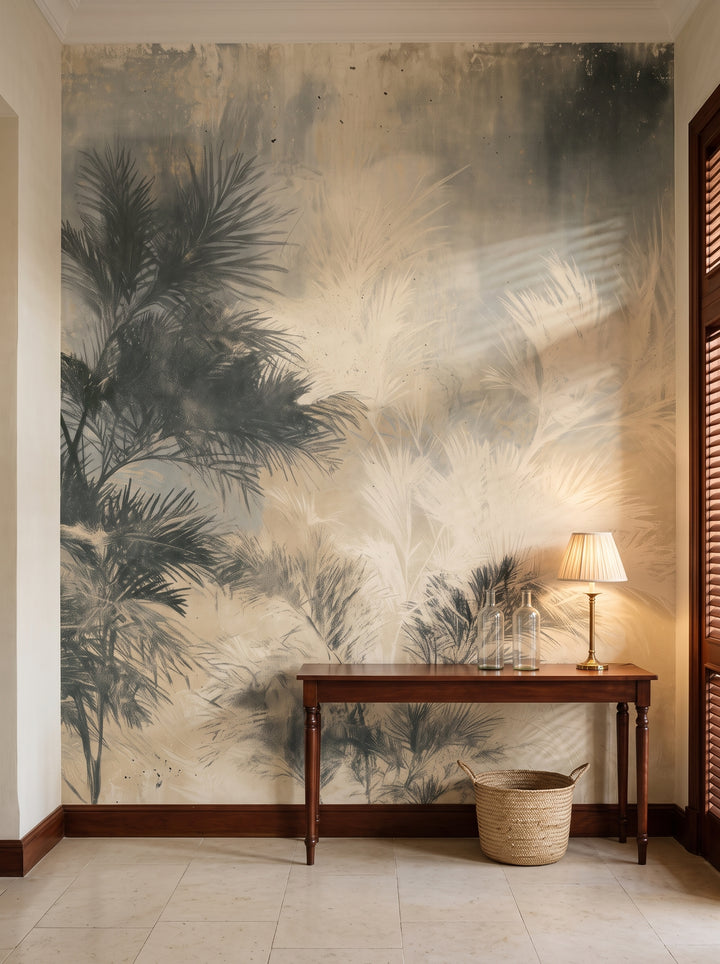 PALM PENUMBRA in a room setting of a Havana villa hallway with a low mahogany console and a brass lamp