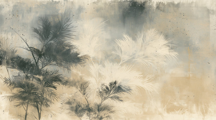 PALM PENUMBRA – dark and cream palm leaves on a distressed sandy and grey-blue background