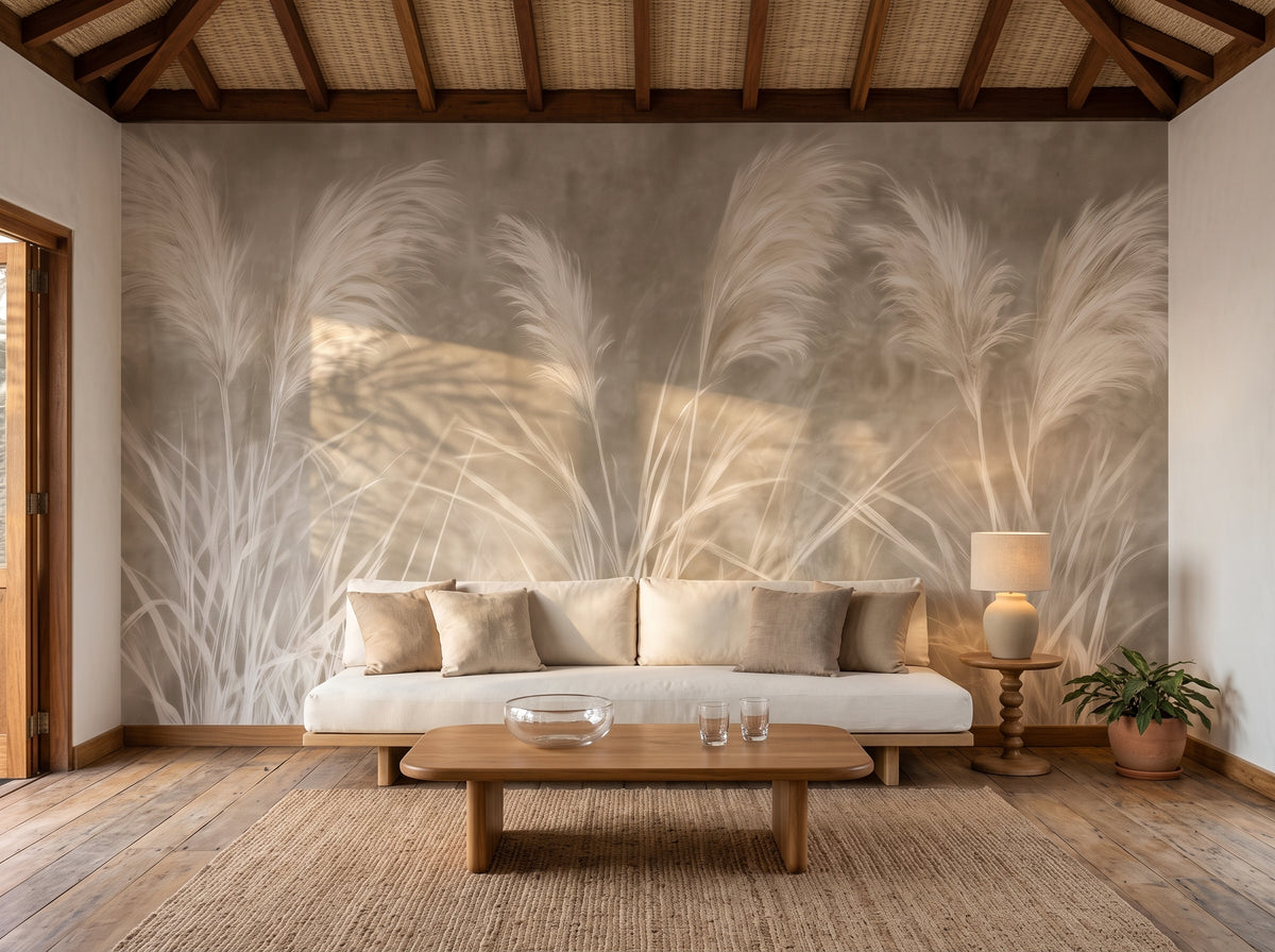 PAMPAS PAUSE w aranżacji salonu w domu na plaży, przed ścianą niska sofa z bawełny i drewniany stolik
