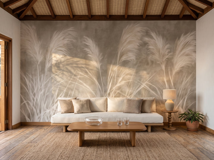 PAMPAS PAUSE w aranżacji salonu w domu na plaży, przed ścianą niska sofa z bawełny i drewniany stolik