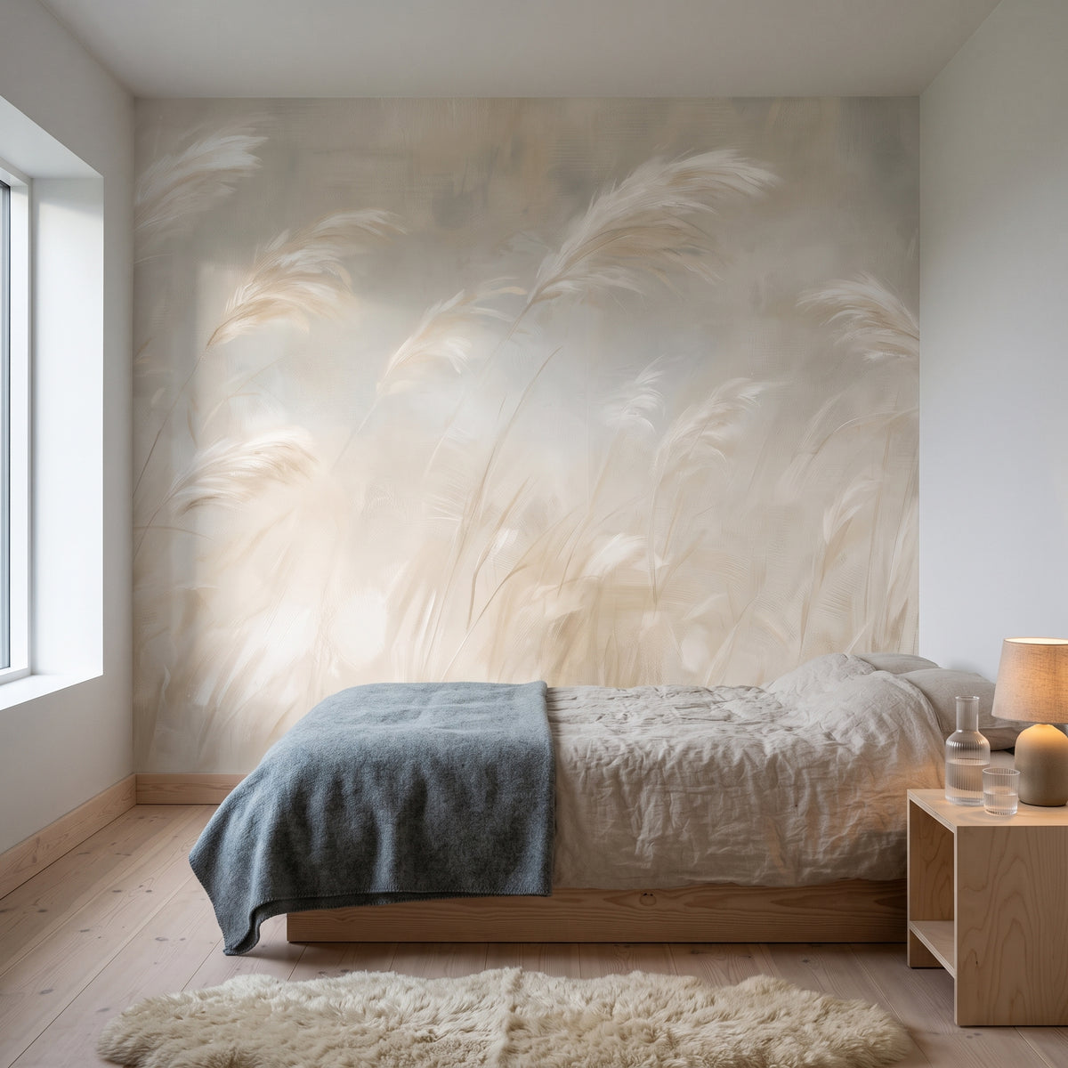 PAMPERO en mise en scène de chambre dans une maison aux îles Féroé, devant le mur un lit bas et une table de chevet en bouleau avec lampe