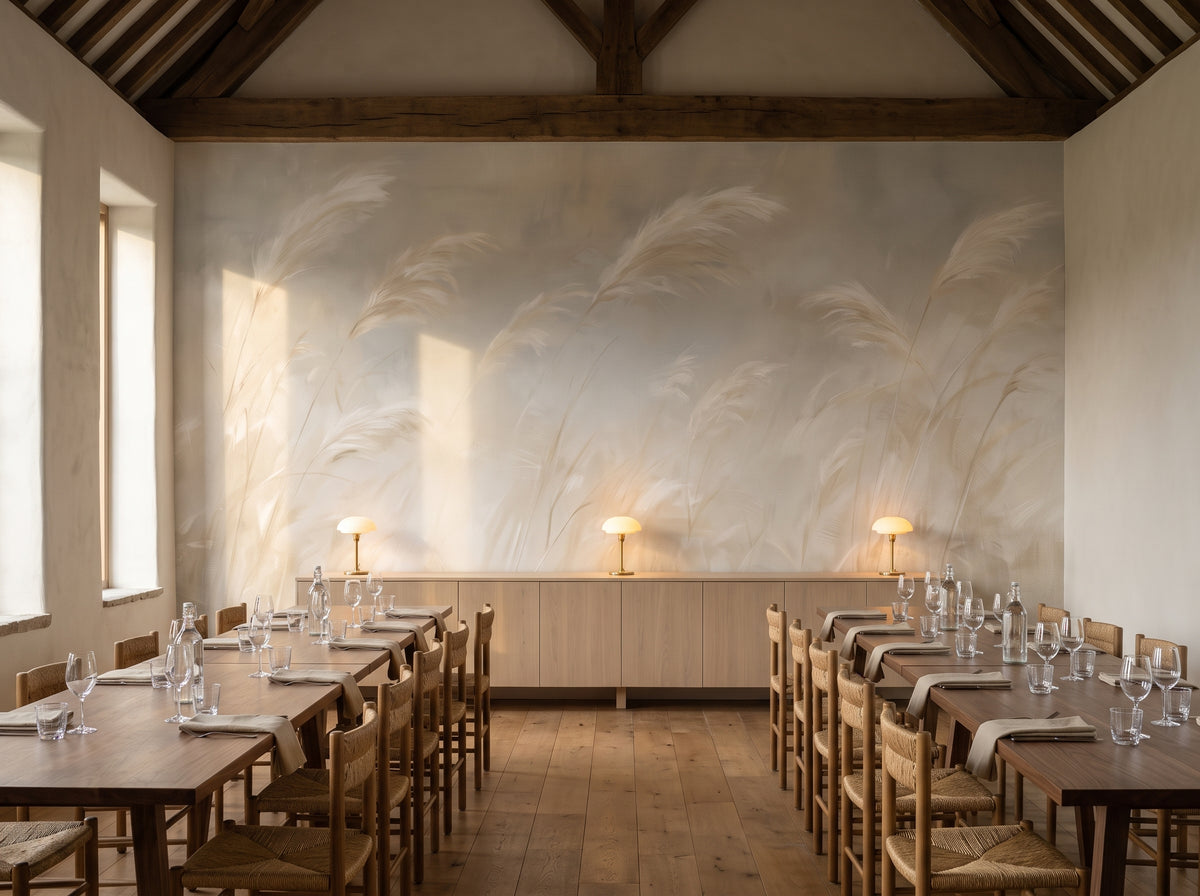 PAMPERO en mise en scène de restaurant dans une grange restaurée, devant le mur un buffet bas en chêne avec lampes et de longues tables en noyer