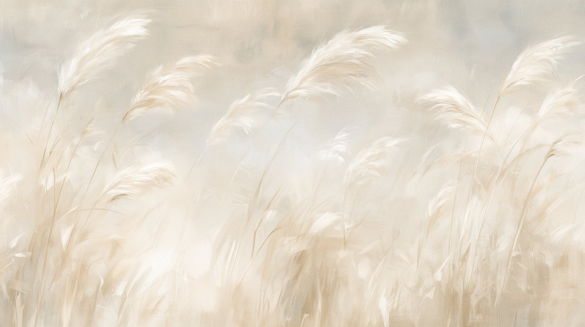 PAMPERO – motif complet : plumeaux crème d'herbe de la pampa couchés vers la droite par le vent sur fond de brume gris-bleu
